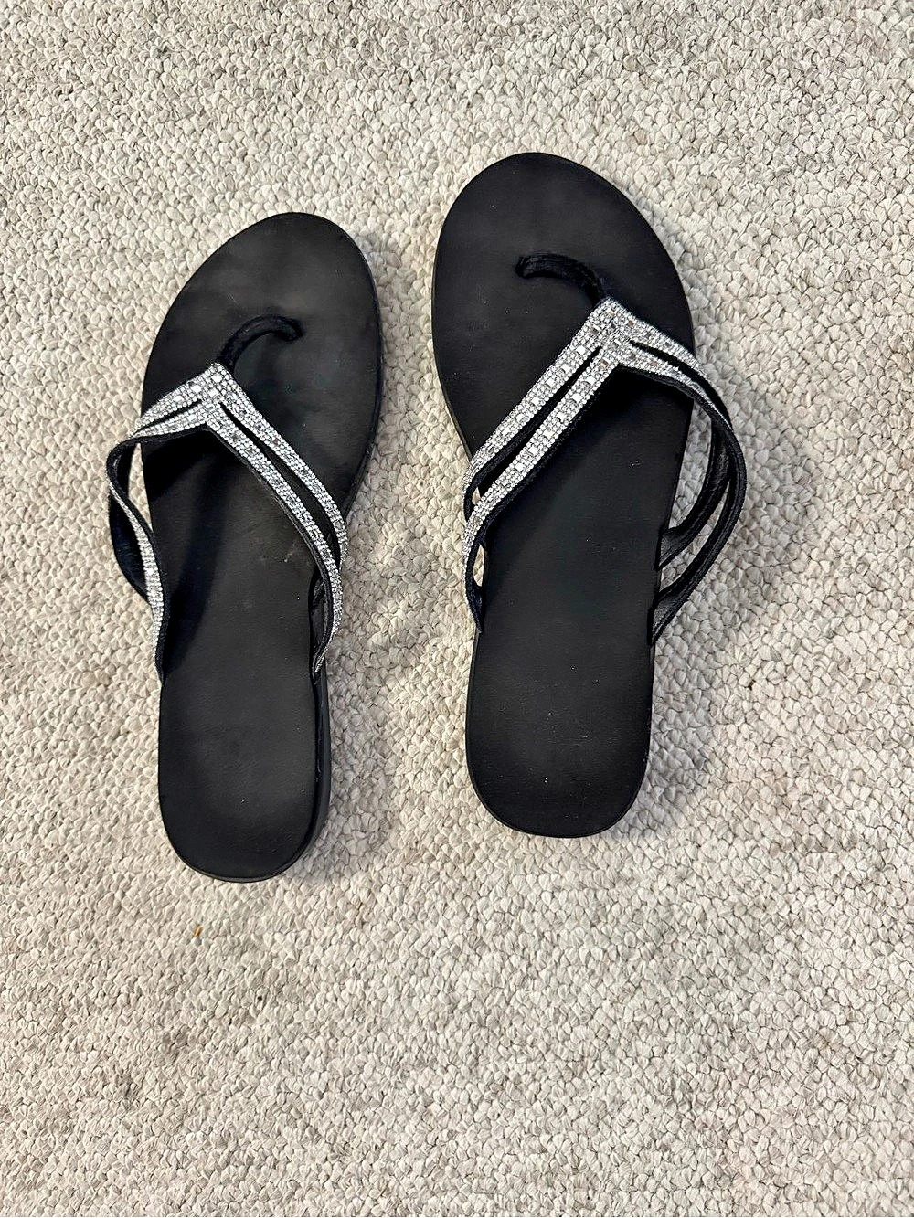 Yellow Box Embellished Flip Flop Sandals in Black & Silver
